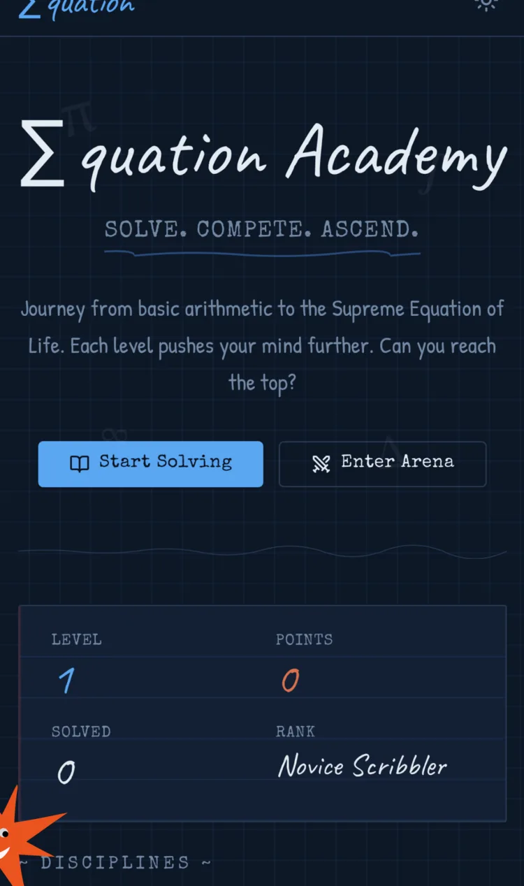 Home screen showing level, points and disciplines
